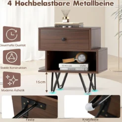 2er Set Nachttisch mit Abnehmbarer Schublade & Offenem Fach Mid-Century Sofatisch Braun