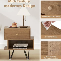 2er Set Nachttisch mit Abnehmbarer Schublade & Offenem Fach Mid-Century Modern Sofatisch