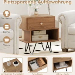 2er Set Nachttisch mit Abnehmbarer Schublade & Offenem Fach Mid-Century Modern Sofatisch