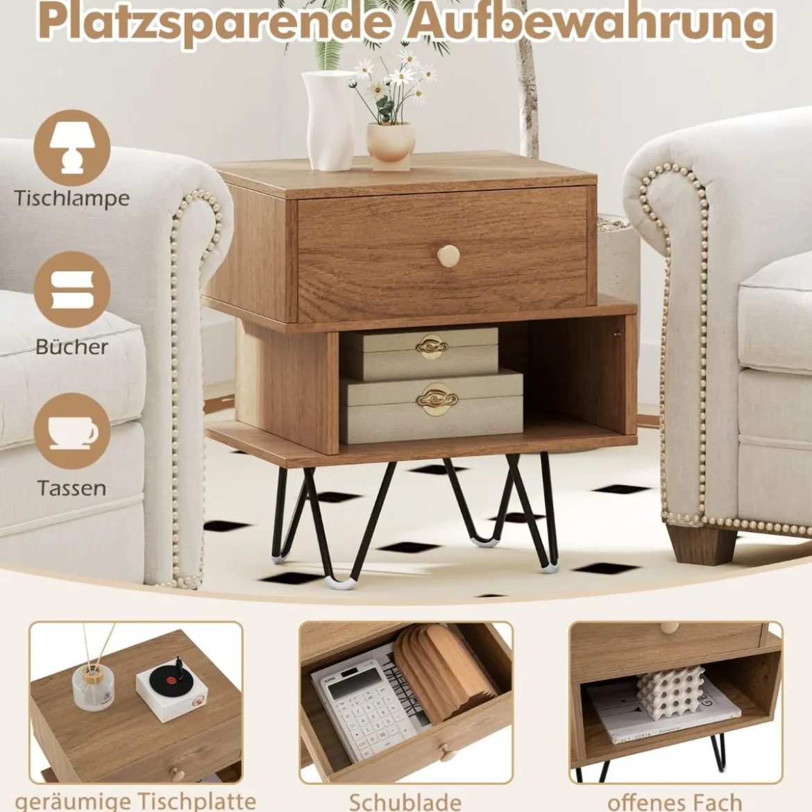2er Set Nachttisch mit Abnehmbarer Schublade & Offenem Fach Mid-Century Modern Sofatisch