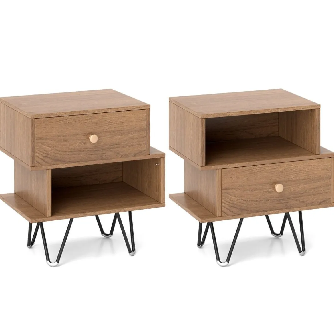 2er Set Nachttisch mit Abnehmbarer Schublade & Offenem Fach Mid-Century Modern Sofatisch