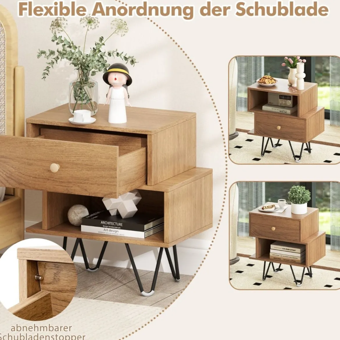 2er Set Nachttisch mit Abnehmbarer Schublade & Offenem Fach Mid-Century Modern Sofatisch