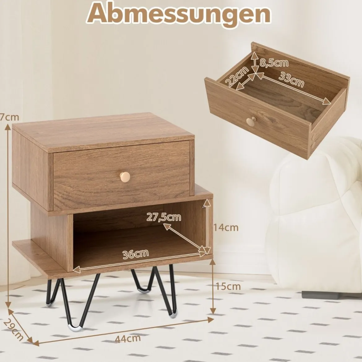 2er Set Nachttisch mit Abnehmbarer Schublade & Offenem Fach Mid-Century Modern Sofatisch