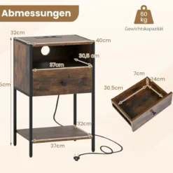 2er Set Nachttisch mit Ladestation Industrial Beistelltisch mit Offenem Fach Schublade & Ablage Rustikales Braun