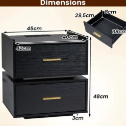2er SetNachttisch mit Ladestation LED-Bettisch 2 Schubladen modern halb-schwebend Schwarz