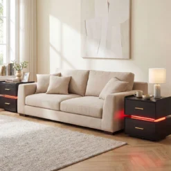 2er SetNachttisch mit Ladestation LED-Bettisch 2 Schubladen modern halb-schwebend Schwarz