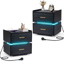 2er SetNachttisch mit Ladestation LED-Bettisch 2 Schubladen modern halb-schwebend Schwarz