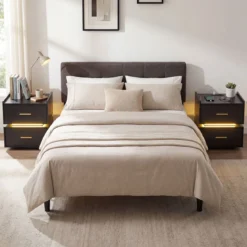 2er SetNachttisch mit Ladestation LED-Bettisch 2 Schubladen modern halb-schwebend Schwarz