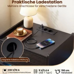 2er SetNachttisch mit Ladestation LED-Bettisch 2 Schubladen modern halb-schwebend Schwarz