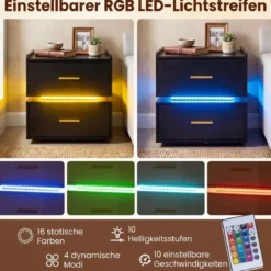 2er SetNachttisch mit Ladestation LED-Bettisch 2 Schubladen modern halb-schwebend Schwarz