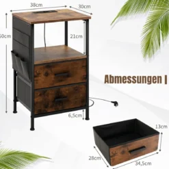 2er Set Nachttisch mit Ladestation & 2 Schubladen & 6 Seitentaschen Industrieller Beistelltisch Braun
