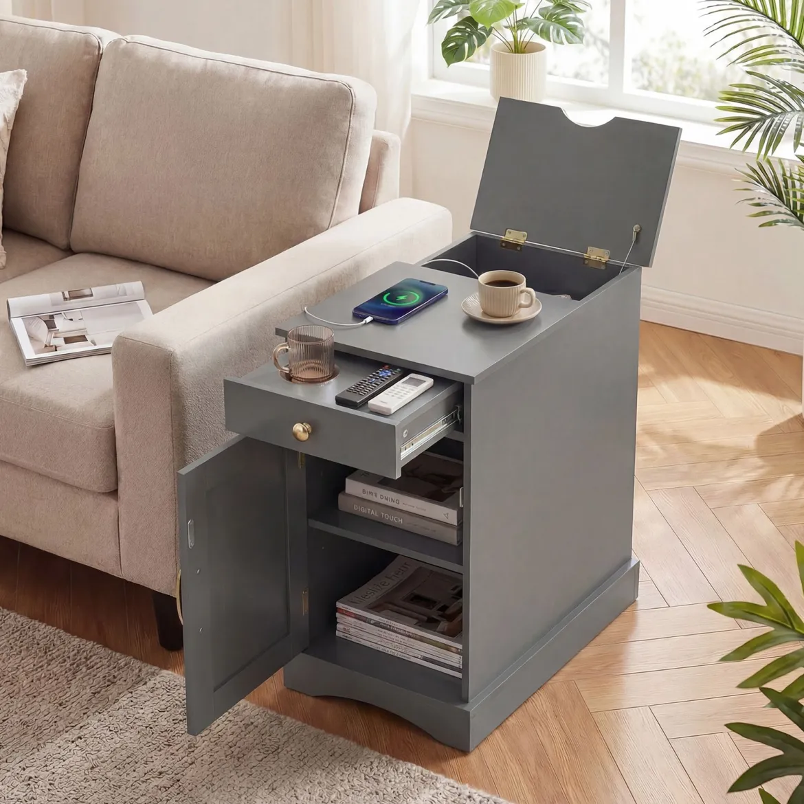 2er Set Nachttisch mit Ladestation Beistelltisch mit Verstellbarem Regal Holz Nachtschrank Grau