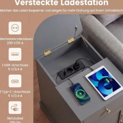 2er Set Nachttisch mit Ladestation Beistelltisch mit Verstellbarem Regal Holz Nachtschrank Grau