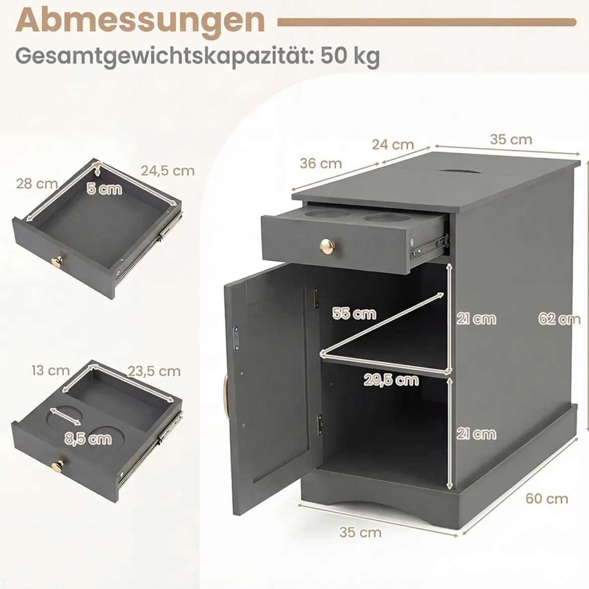 2er Set Nachttisch mit Ladestation Beistelltisch mit Verstellbarem Regal Holz Nachtschrank Grau