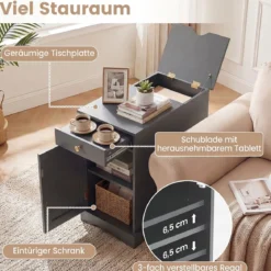 2er Set Nachttisch mit Ladestation Beistelltisch mit Verstellbarem Regal Holz Nachtschrank Grau