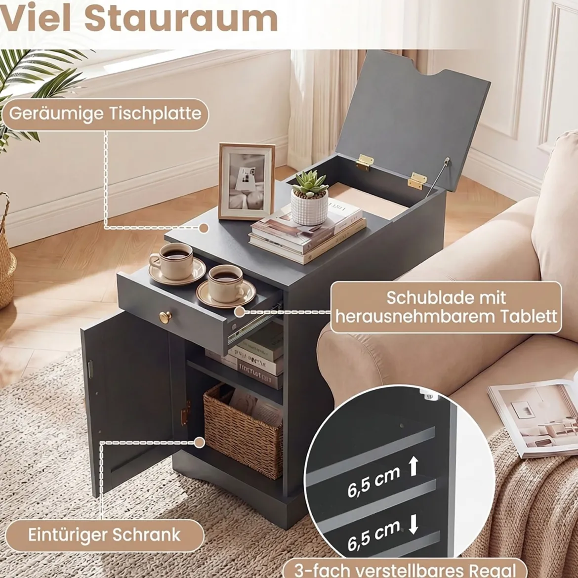 2er Set Nachttisch mit Ladestation Beistelltisch mit Verstellbarem Regal Holz Nachtschrank Grau