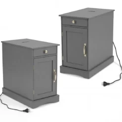 2er Set Nachttisch mit Ladestation Beistelltisch mit Verstellbarem Regal Holz Nachtschrank Grau