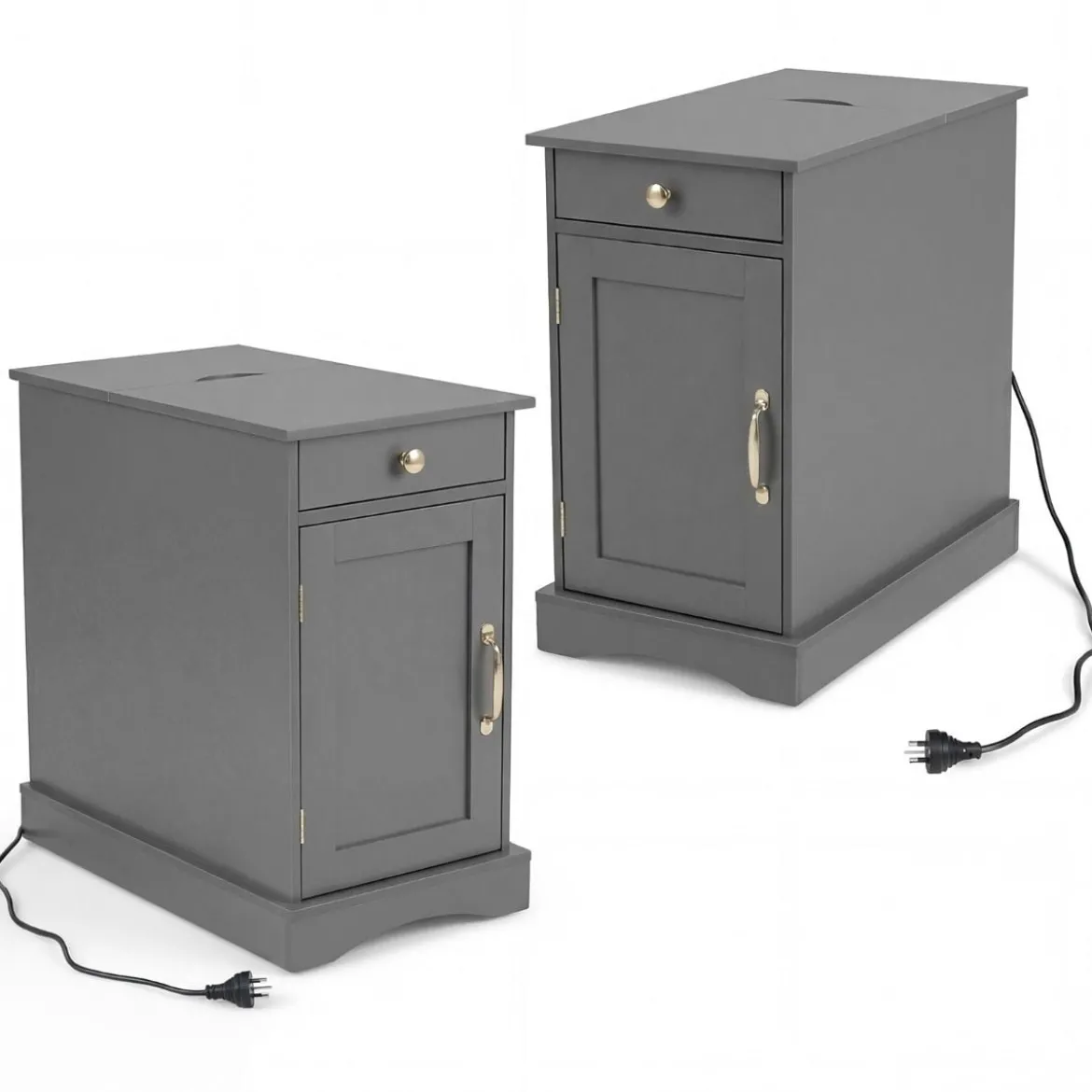 2er Set Nachttisch mit Ladestation Beistelltisch mit Verstellbarem Regal Holz Nachtschrank Grau