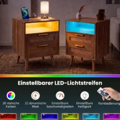 2er Set Nachttisch mit Ladestation (nur 1 Nachttisch mit Ladestation) & LED-Leuchten mit 2 Schubladen Natur