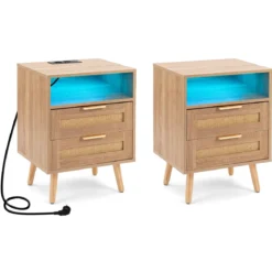 2er Set Nachttisch mit Ladestation (nur 1 Nachttisch mit Ladestation) & LED-Leuchten mit 2 Schubladen Natur