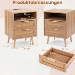 2er Set Nachttisch mit Ladestation (nur 1 Nachttisch mit Ladestation) & LED-Leuchten mit 2 Schubladen Natur