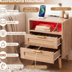2er Set Nachttisch mit Ladestation (nur 1 Nachttisch mit Ladestation) & LED-Leuchten mit 2 Schubladen Natur