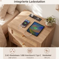 2er Set Nachttisch mit LED-Lichtern und Ladestation Beistelltisch Ratten mit Offenem Fach