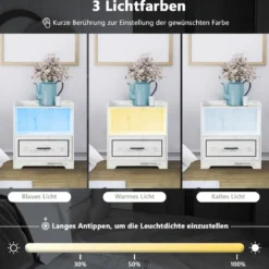 2er Set Nachttisch mit LED Licht USB-Anschluss und Typ-C-Ladestation Nachtschrank mit Bewegungssensor Weiß