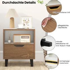 1/2er Set Nachttisch mit Offenem Fach & Schublade Kleiner Beistelltisch Sofatisch