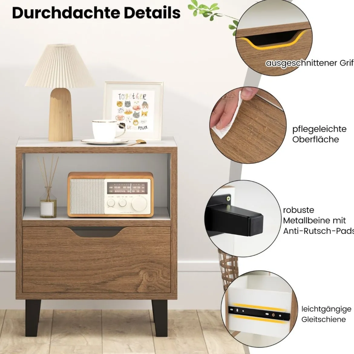 1/2er Set Nachttisch mit Offenem Fach & Schublade Kleiner Beistelltisch Sofatisch