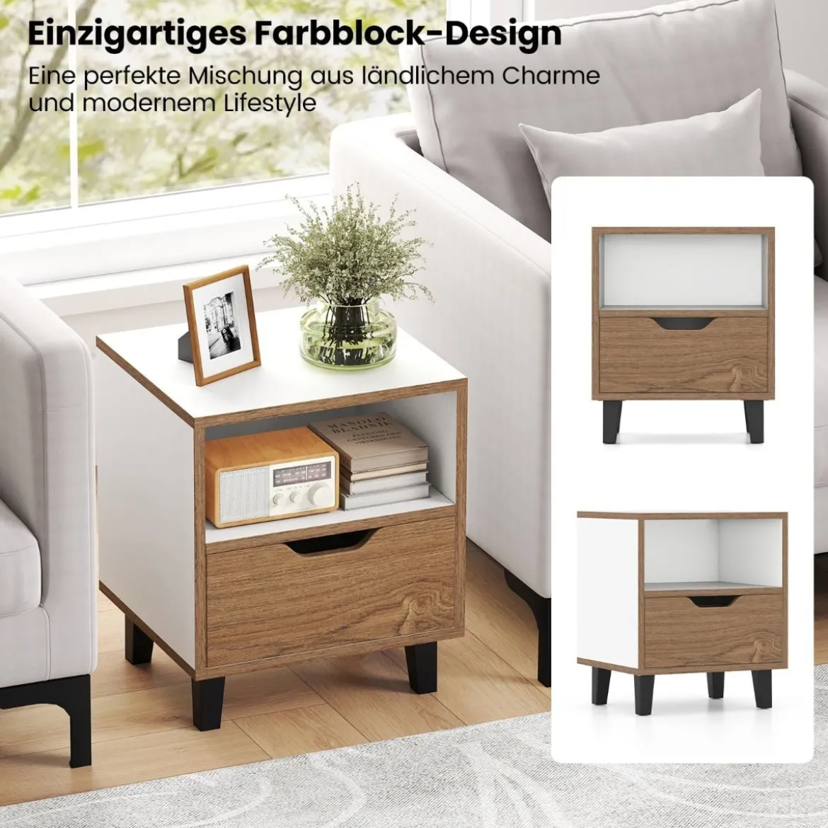 1/2er Set Nachttisch mit Offenem Fach & Schublade Kleiner Beistelltisch Sofatisch