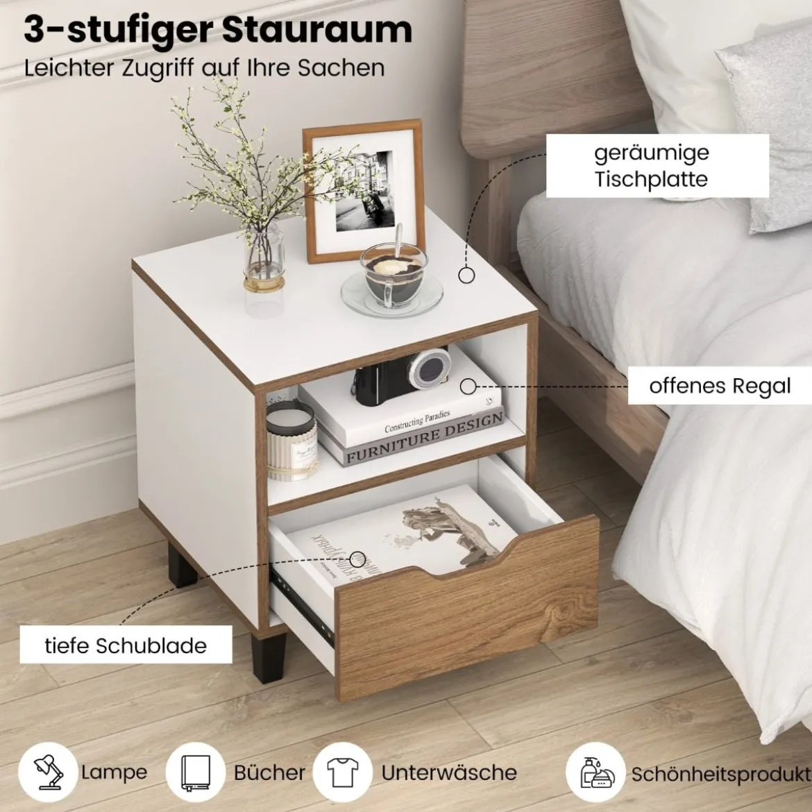 1/2er Set Nachttisch mit Offenem Fach & Schublade Kleiner Beistelltisch Sofatisch