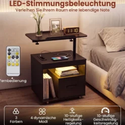 2er Set Nachttisch mit Rollen LED Nachtschrank mit Neigbarer Tischplatte Ladestation & Steckdosen Schwarz