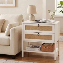 2er Set Nachttisch mit 2 Schubladen Offenem Regal & Rattan-Fronten 68 x 40 x 65 cm Weiß