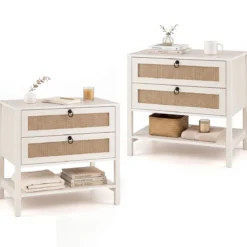 2er Set Nachttisch mit 2 Schubladen Offenem Regal & Rattan-Fronten 68 x 40 x 65 cm Weiß