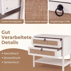 2er Set Nachttisch mit 2 Schubladen Offenem Regal & Rattan-Fronten 68 x 40 x 65 cm Weiß