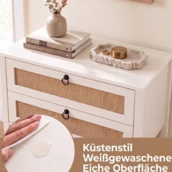 2er Set Nachttisch mit 2 Schubladen Offenem Regal & Rattan-Fronten 68 x 40 x 65 cm Weiß