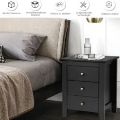 2er Set Nachttisch mit 3 Schubladen Nachtschrank für Boxspringbett 46 x 37 x 65 cm Schwarz