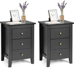 2er Set Nachttisch mit 3 Schubladen Nachtschrank für Boxspringbett 46 x 37 x 65 cm Schwarz