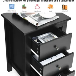 2er Set Nachttisch mit 3 Schubladen Nachtschrank für Boxspringbett 46 x 37 x 65 cm Schwarz