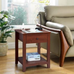 2er Set Nachttisch mit 1 Schublade & 1 offener Ablage Beistelltisch mit stabilen Holzbeinen 50 x 42 x 62cm Braun
