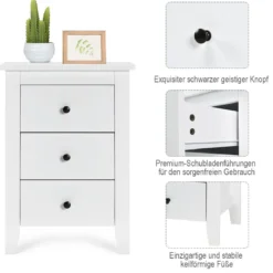 2er Set Nachttisch mit 3 Schubladen Nachtschrank für Boxspringbett 46 x 37 x 65 cm Weiß