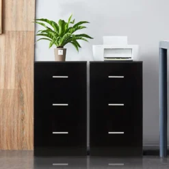 2er Set Nachttisch mit 3 Schubladen Büroschränke 37 x 34 x 66,5 cm Schwarz