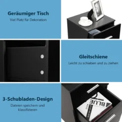 2er Set Nachttisch mit 3 Schubladen Büroschränke 37 x 34 x 66,5 cm Schwarz
