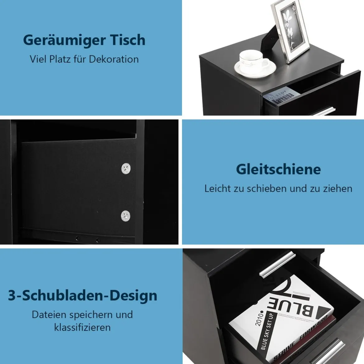 2er Set Nachttisch mit 3 Schubladen Büroschränke 37 x 34 x 66,5 cm Schwarz