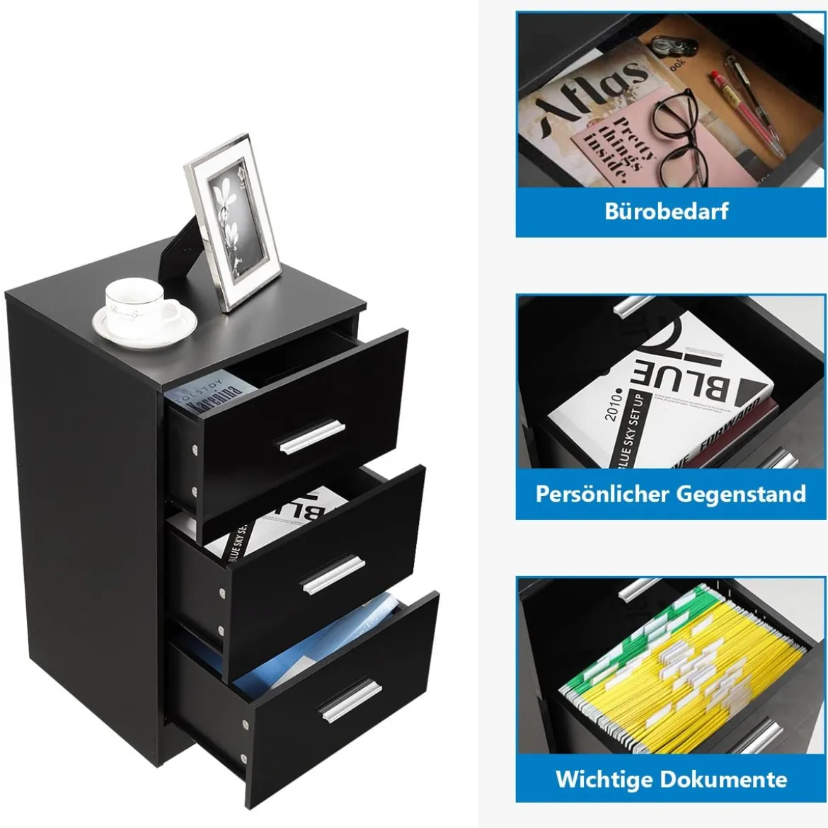 2er Set Nachttisch mit 3 Schubladen Büroschränke 37 x 34 x 66,5 cm Schwarz