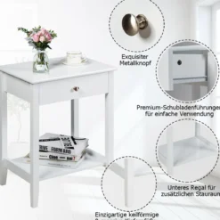 2er Set Nachttisch mit Schublade Sofatisch aus Holz für Schlafzimmer 47,5 x 36 x 62 cm Weiß