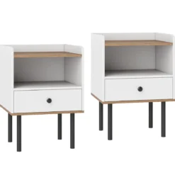2er Set Nachttisch Nachttisch mit Schublade & offenem Ablagefach moderner Sofatisch mit Metallbeinen Weiß