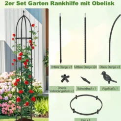 2er Set Obelisk Rankhilfe aus Beschichtetes Metall mit 4 Köpfe & 4 Verstellbare Höhe Rankgitter
