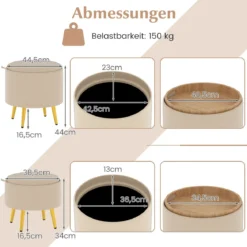 2er Set Ottomane mit Stauraum Kunstleder Rund Fußhocker mit klappbaren Tabletts Beige